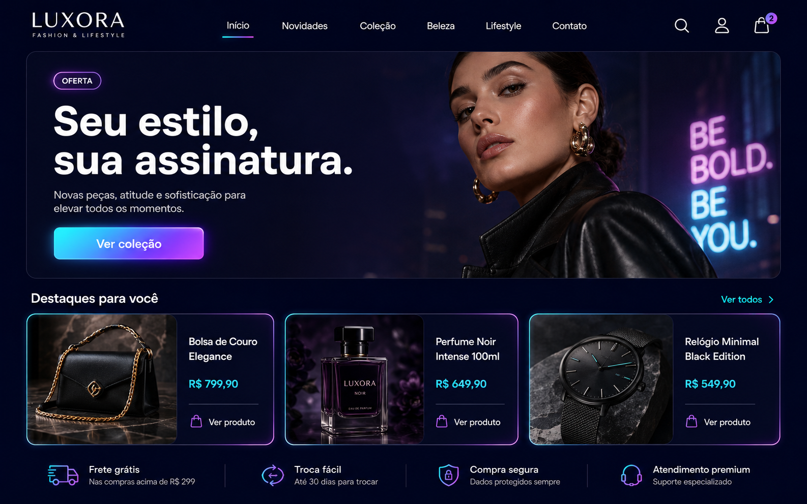 Exemplo de layout de site estilo Aura Store, para moda e lifestyle