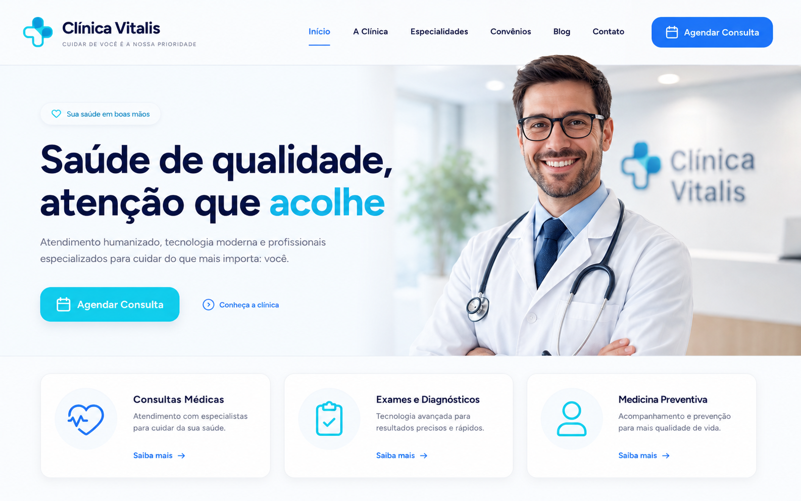 Exemplo de layout de site estilo Clínica Prime, para clínicas e consultórios
